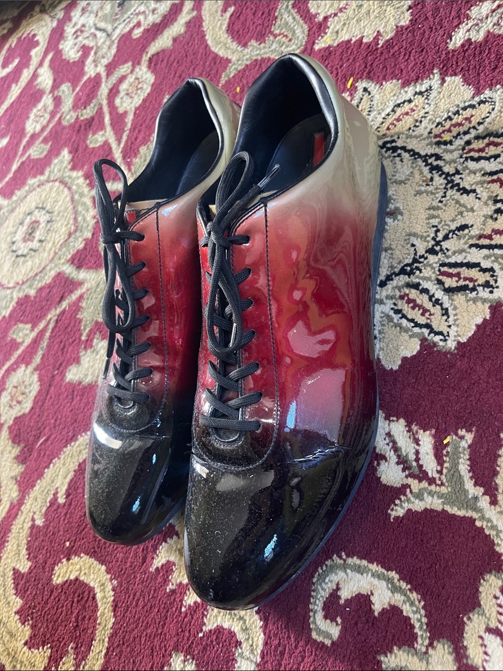 Men's Prada Red to Black Gradient Patent Lace-Up Shoes